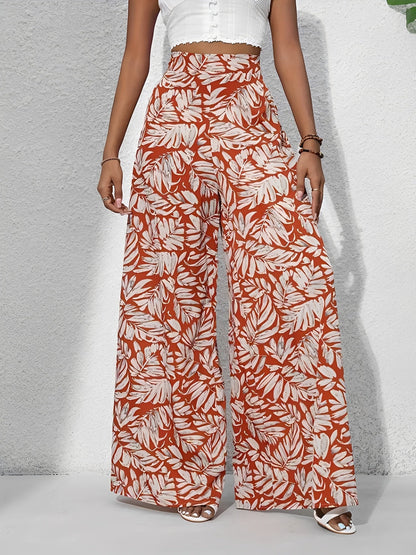 Tropical Printed Casual High-Waisted Wide-Leg Trousers Pants