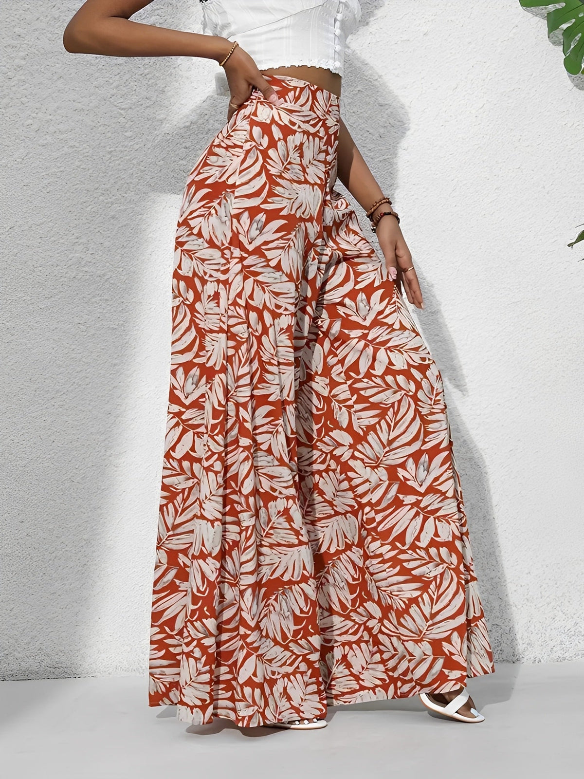 Tropical Printed Casual High-Waisted Wide-Leg Trousers Pants
