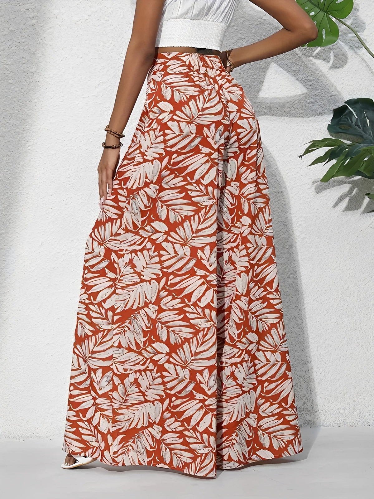Tropical Printed Casual High-Waisted Wide-Leg Trousers Pants