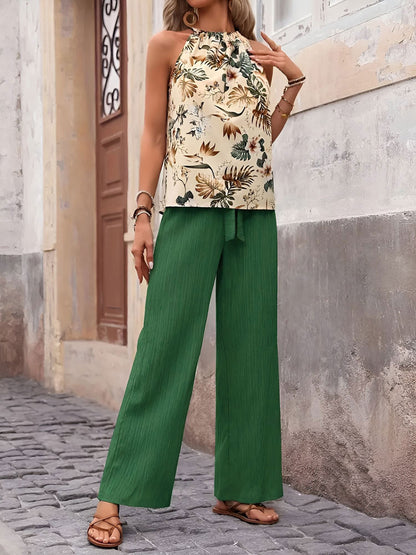 2 Pieces Floral Halter Blouse & Lace-Up Wide Legs Trousers Pants Resort Matching Set