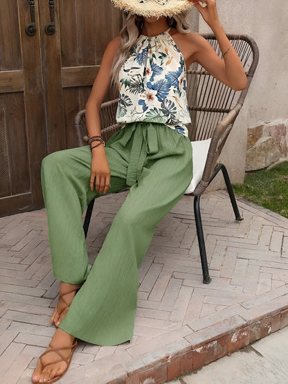 2 Pieces Floral Halter Blouse & Lace-Up Wide Legs Trousers Pants Resort Matching Set