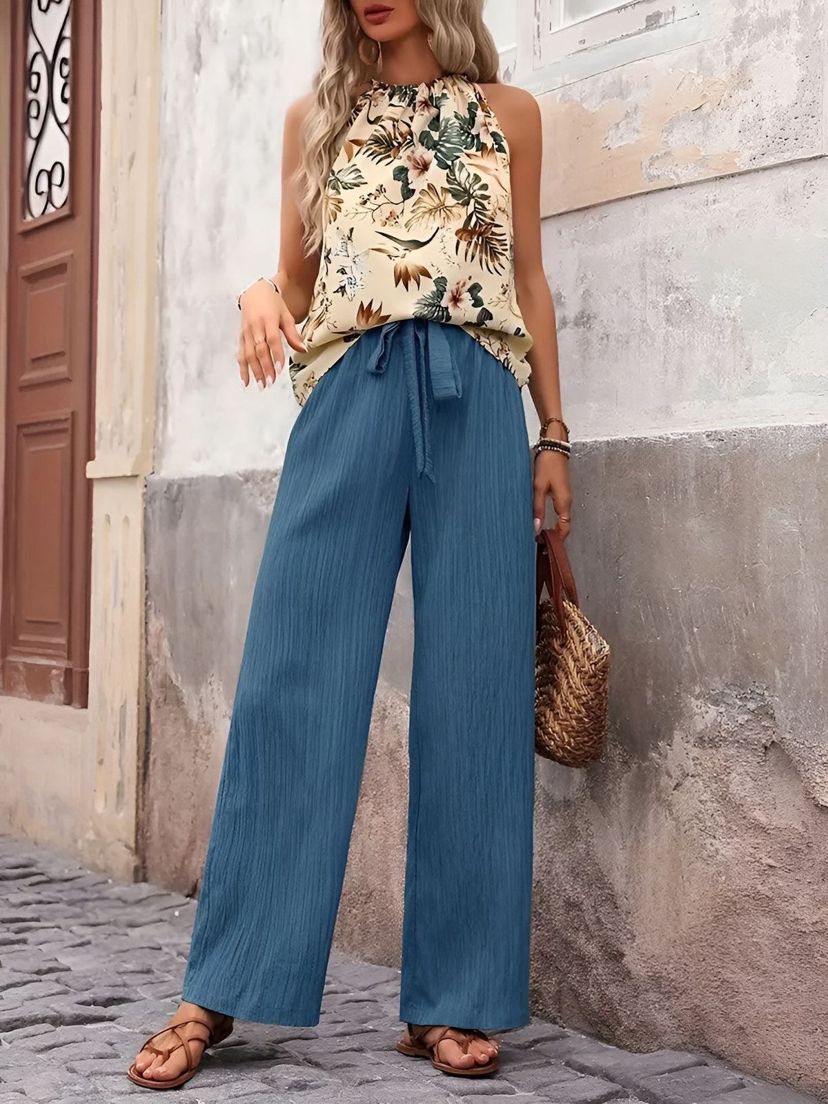 2 Pieces Floral Halter Blouse & Lace-Up Wide Legs Trousers Pants Resort Matching Set