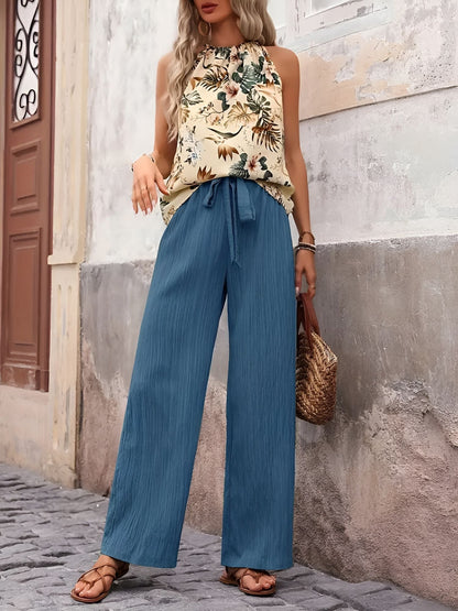 2 Pieces Floral Halter Blouse & Lace-Up Wide Legs Trousers Pants Resort Matching Set