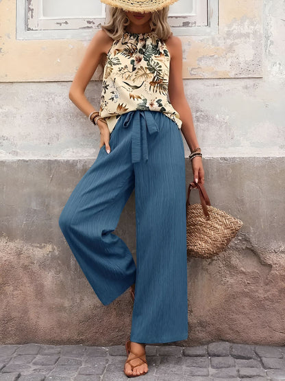 2 Pieces Floral Halter Blouse & Lace-Up Wide Legs Trousers Pants Resort Matching Set