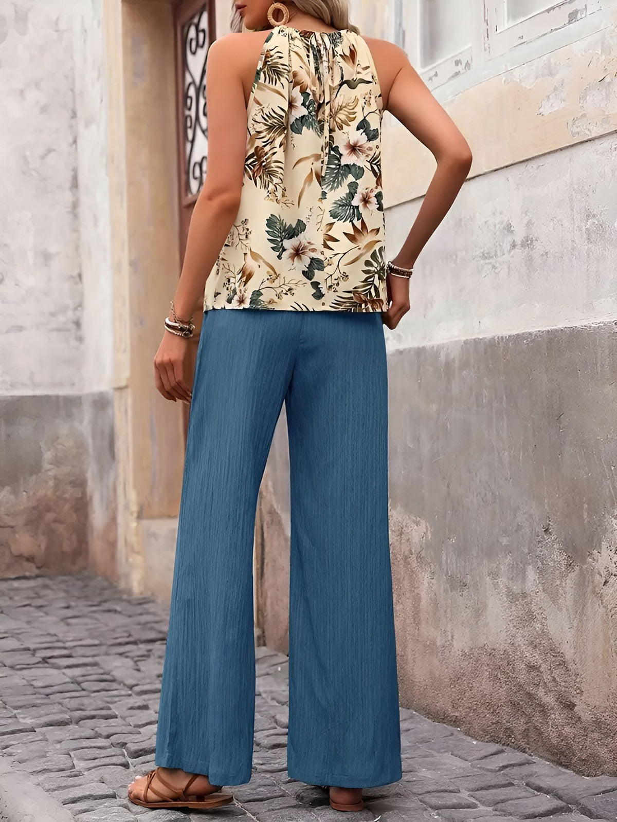 2 Pieces Floral Halter Blouse & Lace-Up Wide Legs Trousers Pants Resort Matching Set