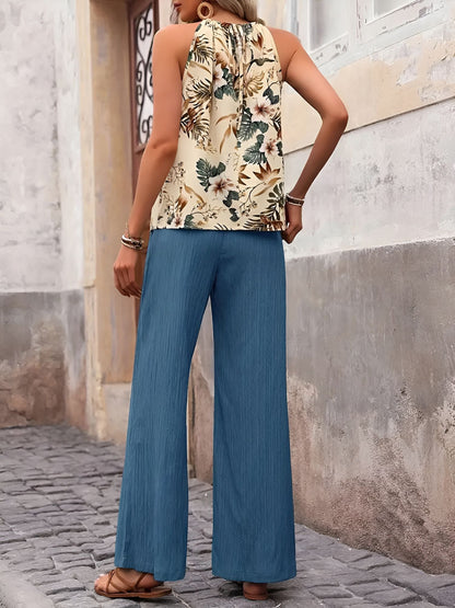 2 Pieces Floral Halter Blouse & Lace-Up Wide Legs Trousers Pants Resort Matching Set