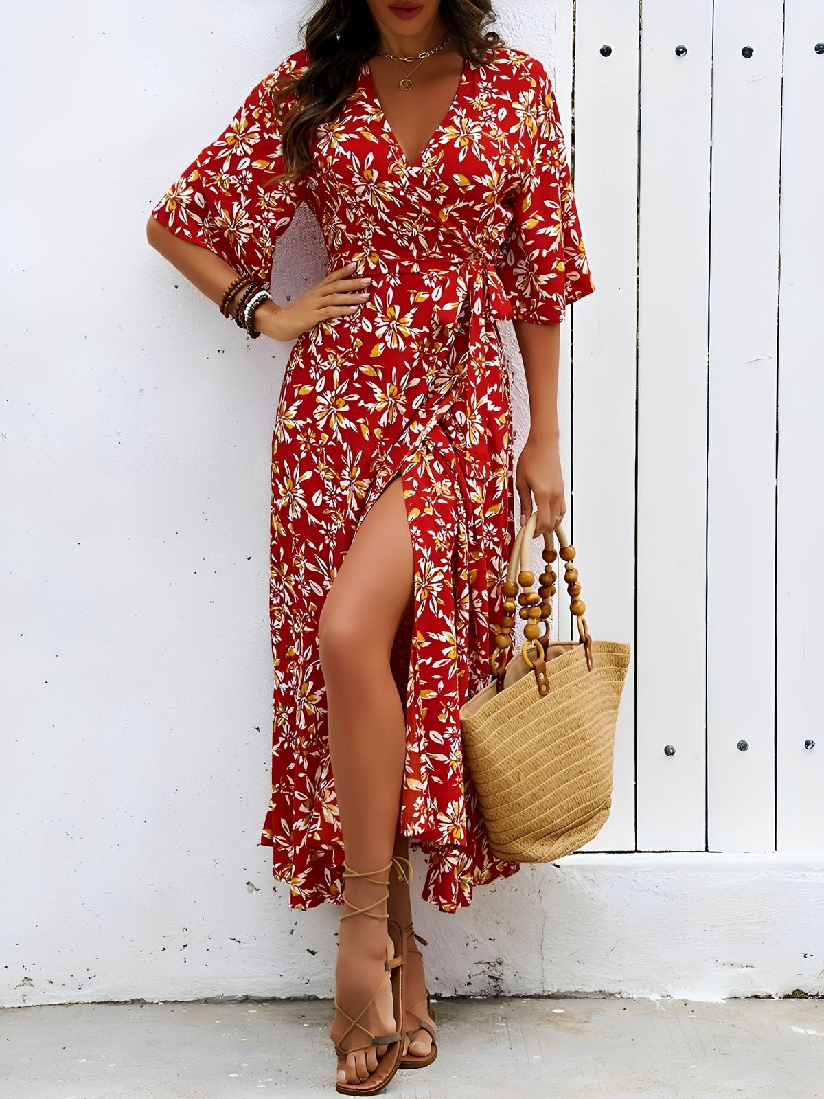 Floral Printed V Neck Slit Mid Sleeves Wrap Dress