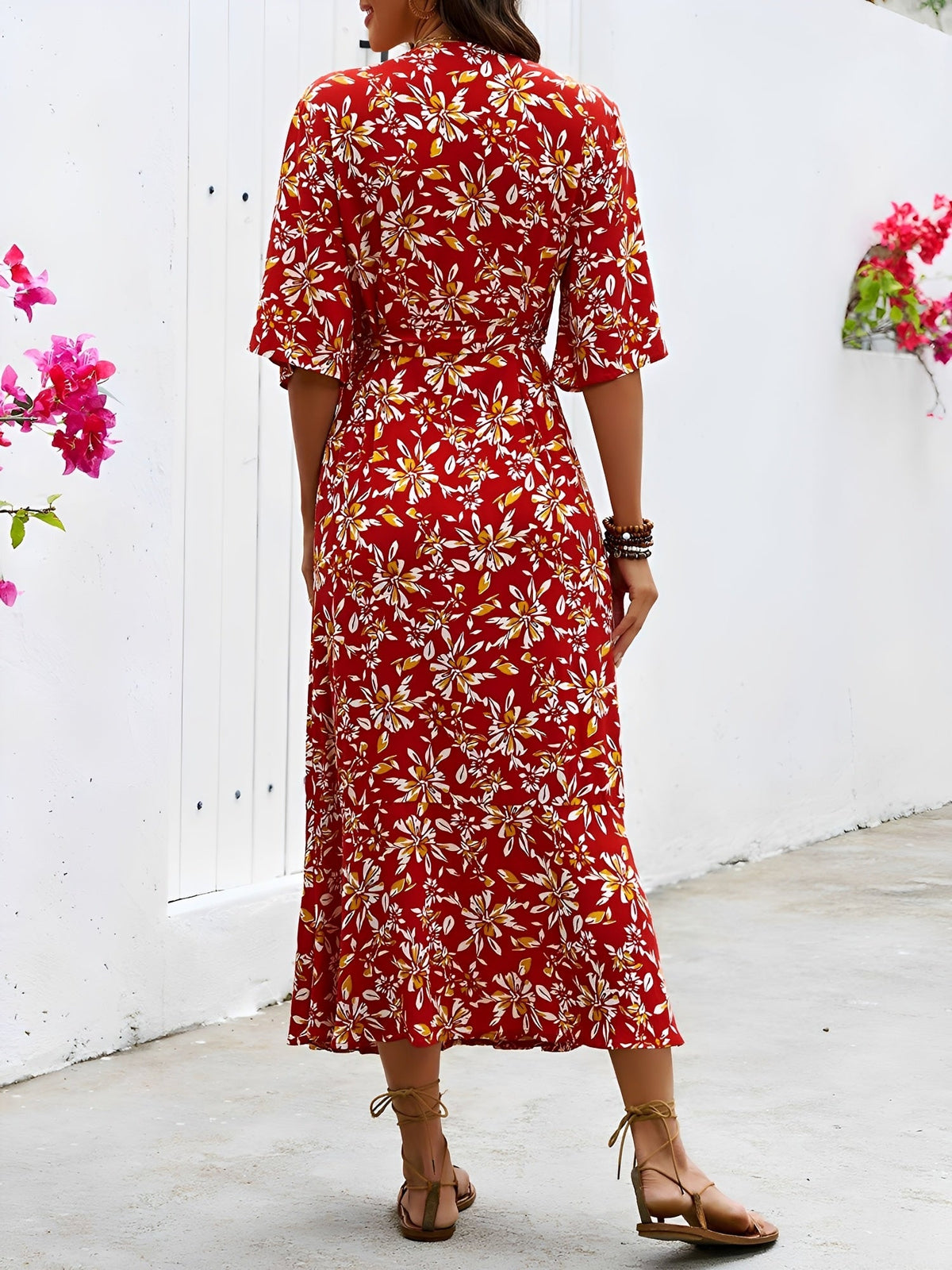 Floral Printed V Neck Slit Mid Sleeves Wrap Dress