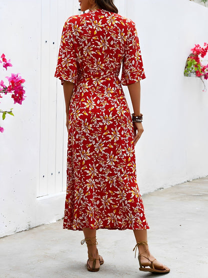 Floral Printed V Neck Slit Mid Sleeves Wrap Dress