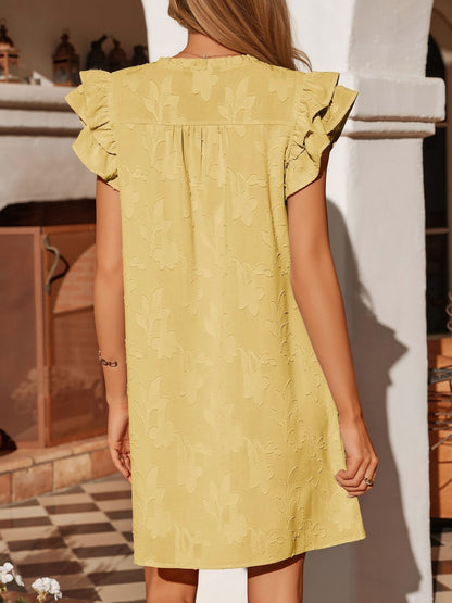 Notch Neck Smocked Ruffled Cap Sleeves Mini Dress