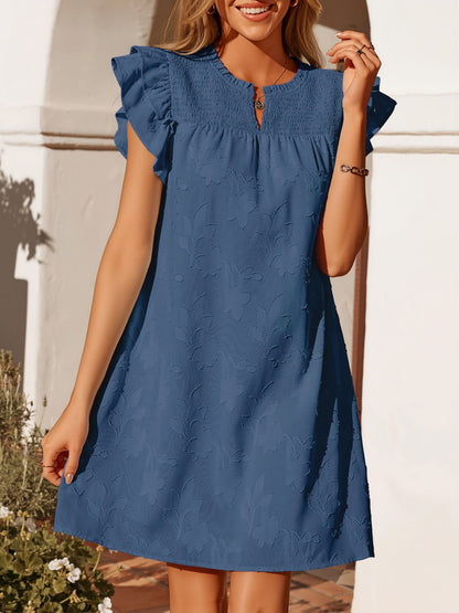 Notch Neck Smocked Ruffled Cap Sleeves Mini Dress