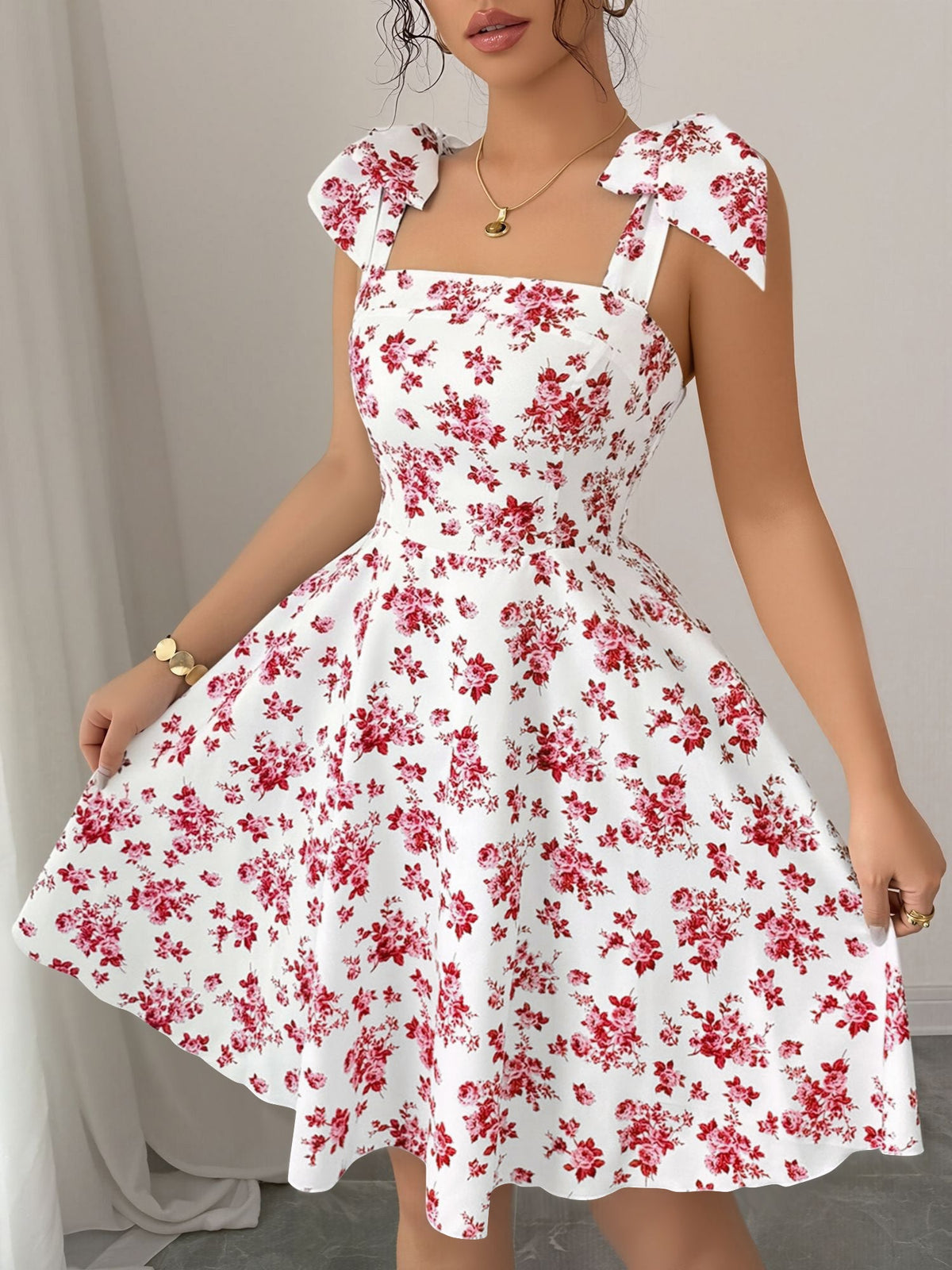 Floral Lace-Up Straps Backless Smocked A-Line Dress