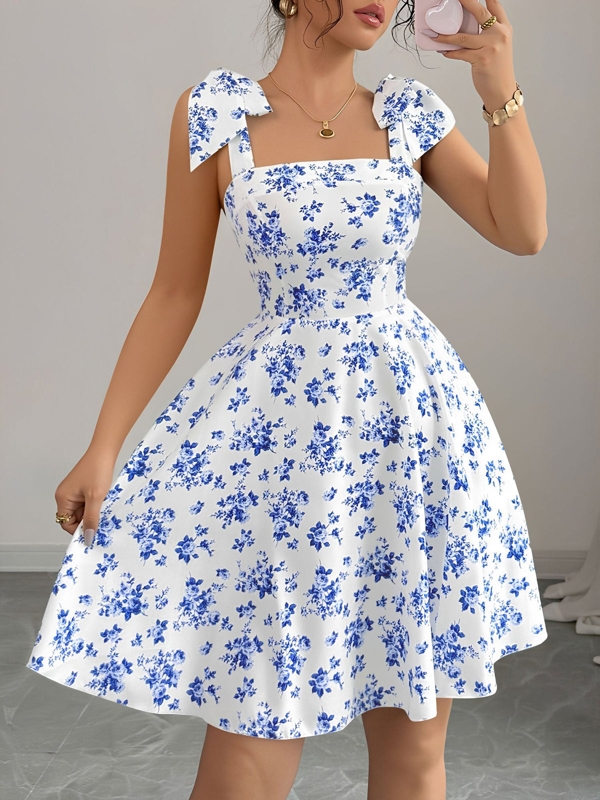 Floral Lace-Up Straps Backless Smocked A-Line Dress