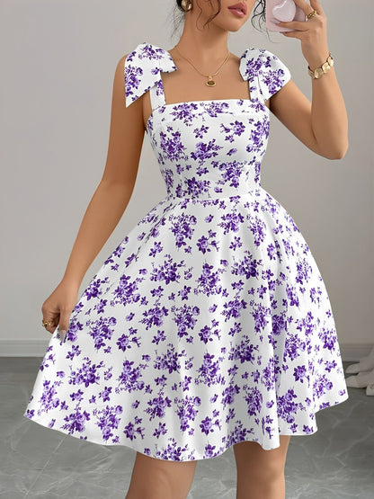Floral Lace-Up Straps Backless Smocked A-Line Dress