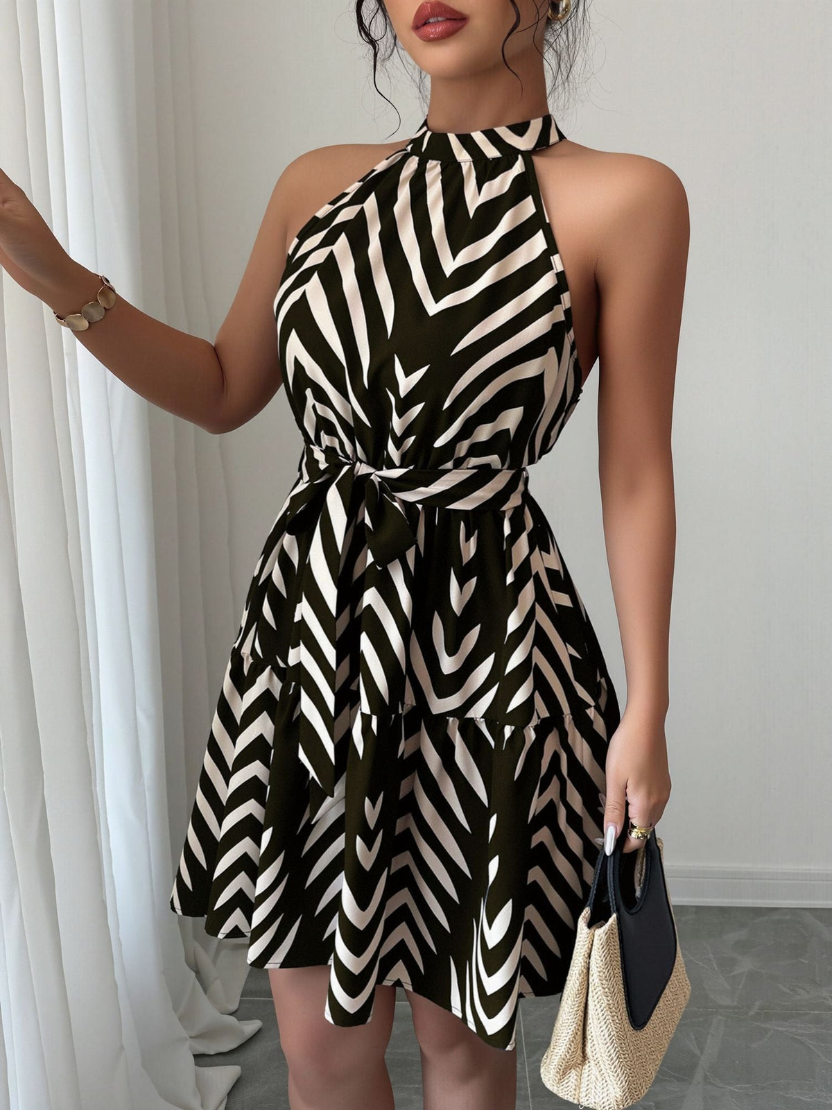 Graphic Halter Neck Sleeveless A-Line Mini Dress