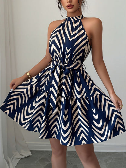 Graphic Halter Neck Sleeveless A-Line Mini Dress
