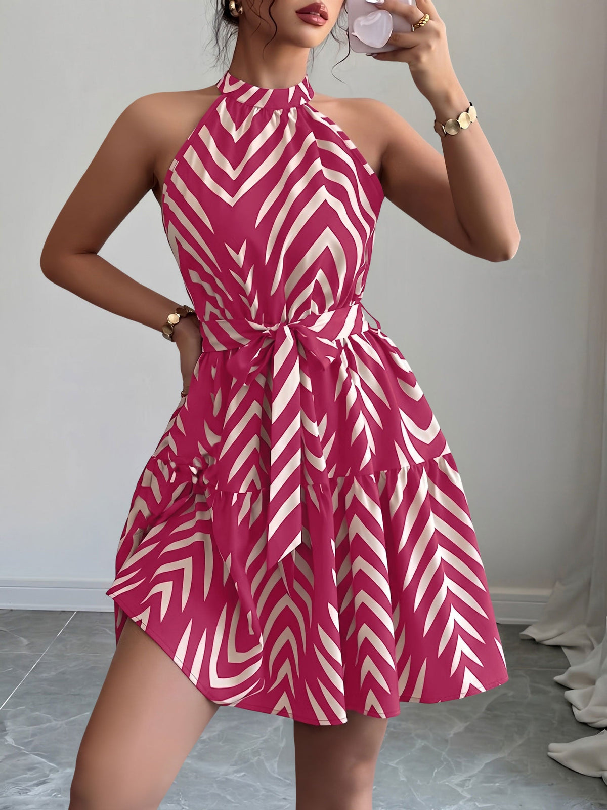 Graphic Halter Neck Sleeveless A-Line Mini Dress