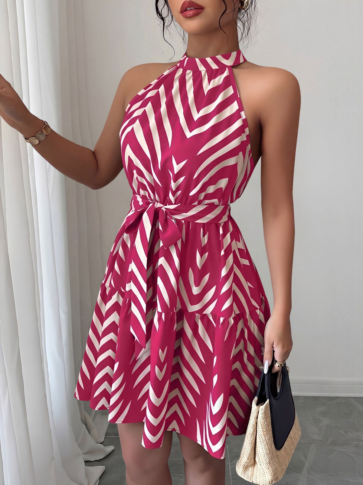 Graphic Halter Neck Sleeveless A-Line Mini Dress