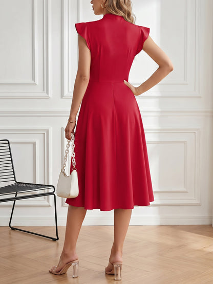 Retro Bow-Tie Ruffle Sleeve A-Line Midi Dress
