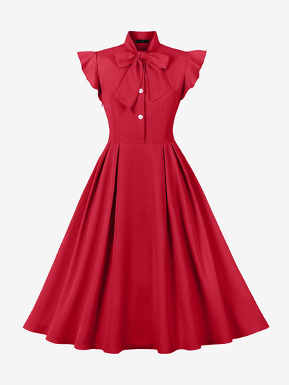 Retro Bow-Tie Ruffle Sleeve A-Line Midi Dress