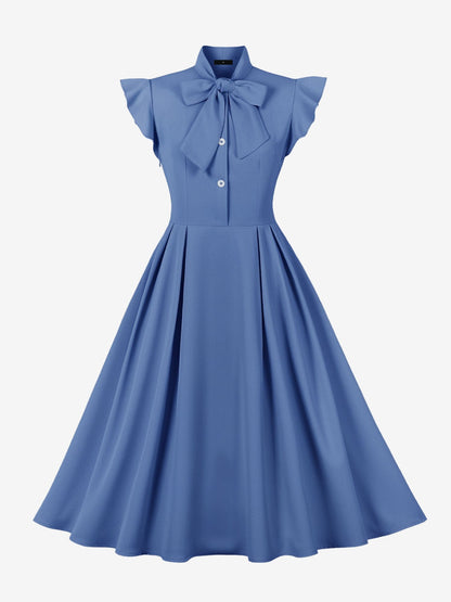 Retro Bow-Tie Ruffle Sleeve A-Line Midi Dress