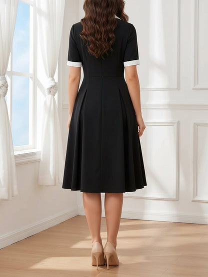 Colorblocked Notched Lapel Short Sleeves A-Line Midi Dress