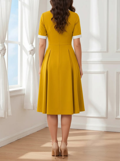 Colorblocked Notched Lapel Short Sleeves A-Line Midi Dress