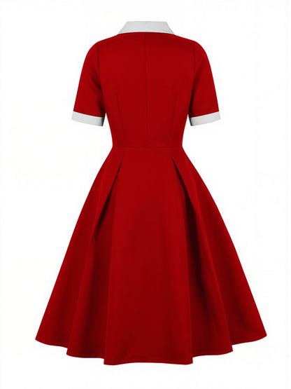 Colorblocked Notched Lapel Short Sleeves A-Line Midi Dress