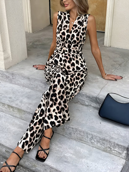 Leopard Print Sleeveless V Neck Wide Legs Jumpsuit
