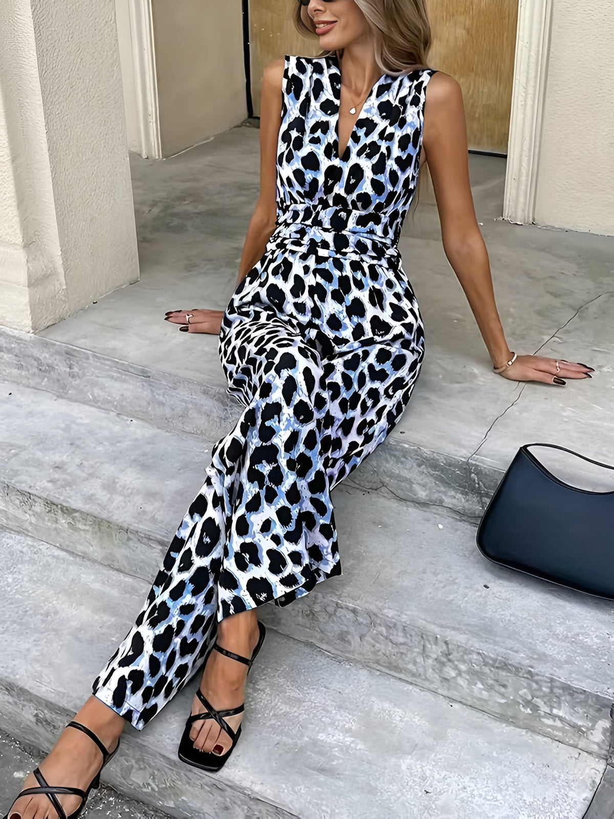 Leopard Print Sleeveless V Neck Wide Legs Jumpsuit