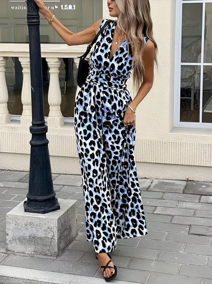 Leopard Print Sleeveless V Neck Wide Legs Jumpsuit