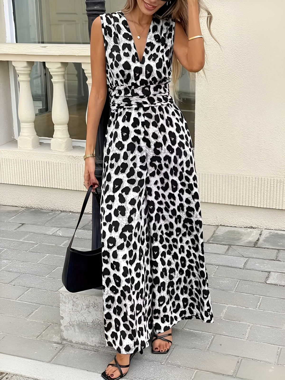 Leopard Print Sleeveless V Neck Wide Legs Jumpsuit