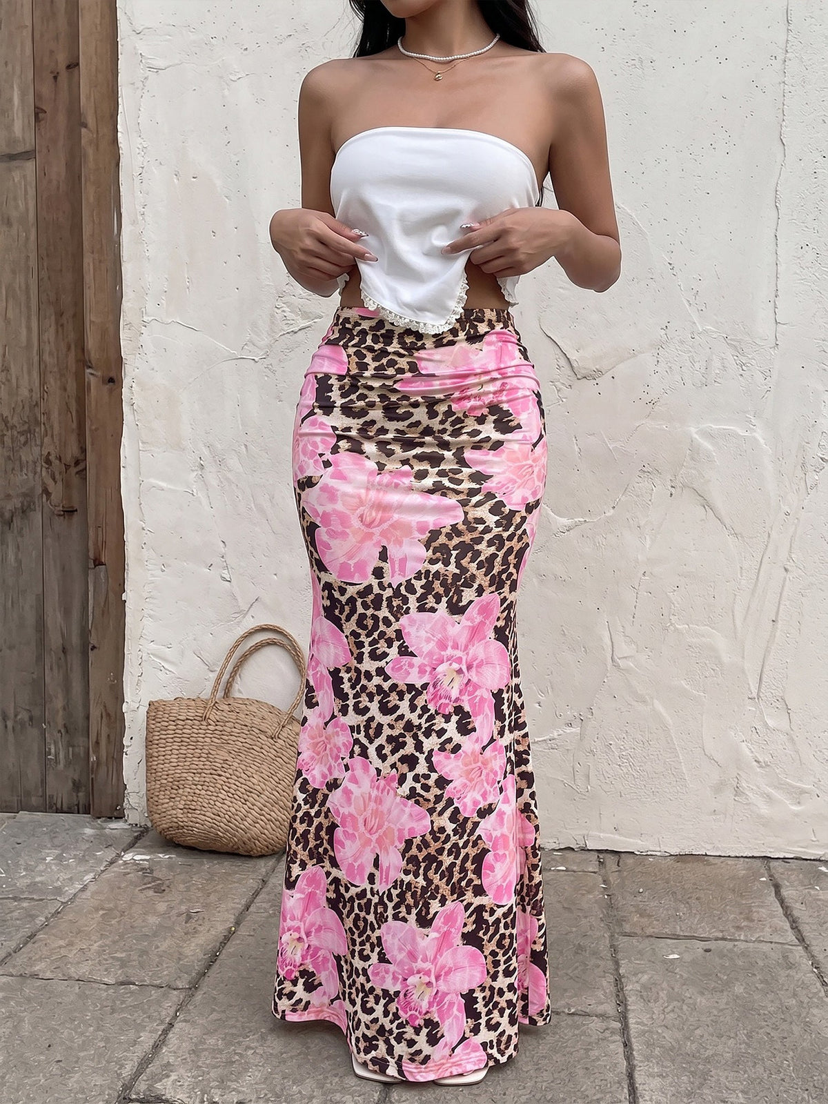 Floral Leopard Bodycon Fishtail Maxi Skirt