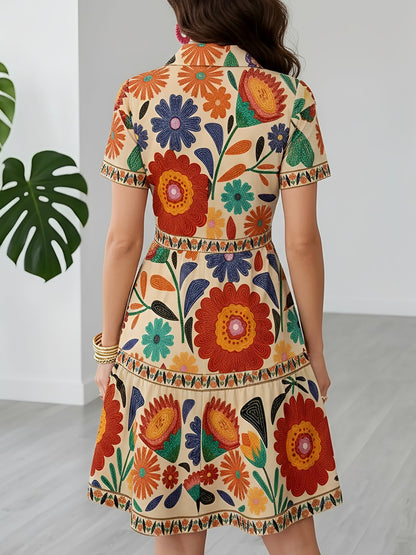 Floral Printed Short Sleeves A-Line Shirt Dress