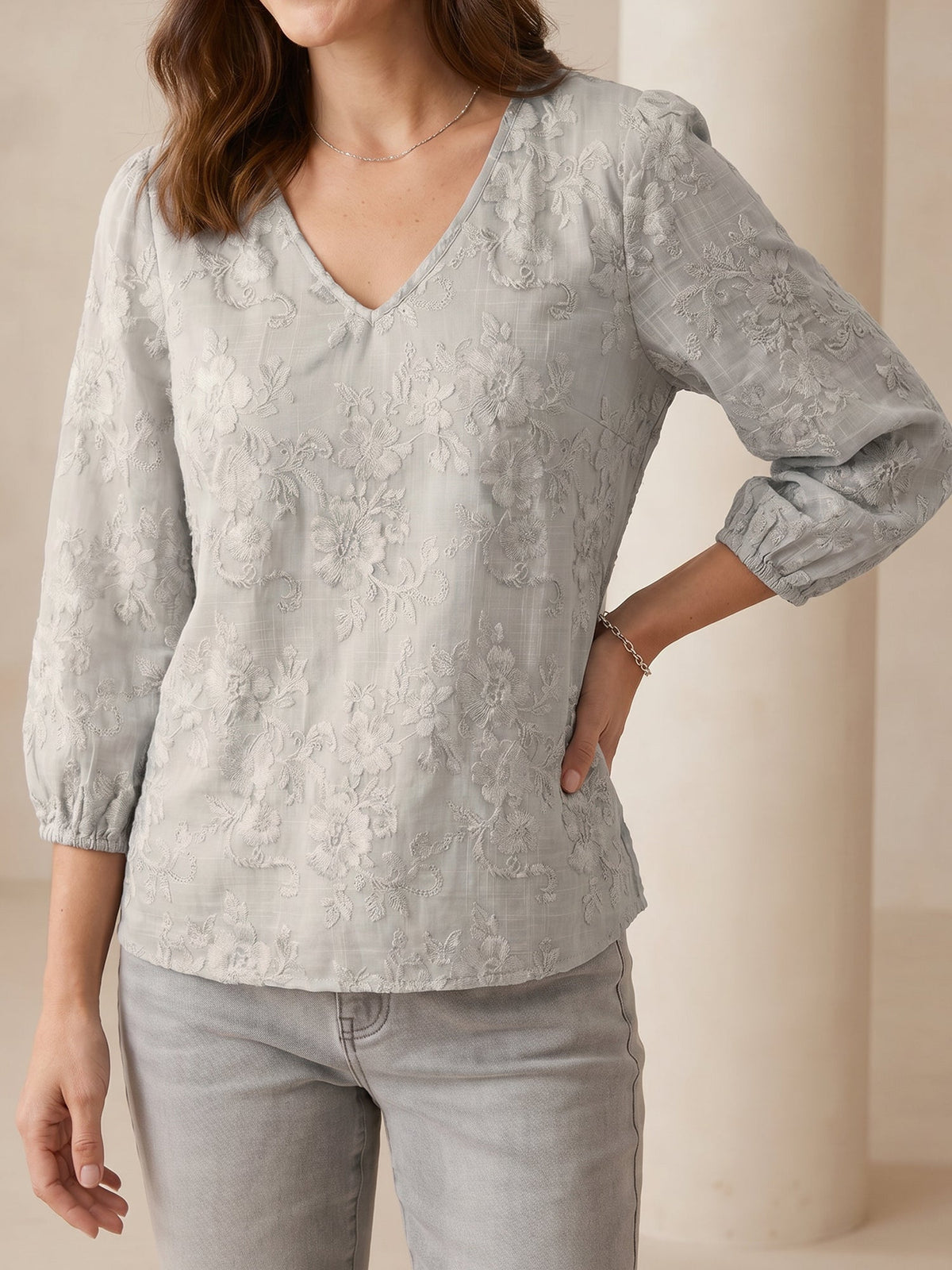 Printed Floral Puff 3/4 Sleeve V Neck Casual Blouse