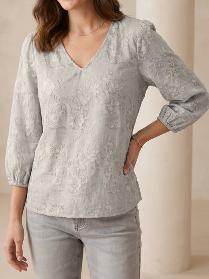 Printed Floral Puff 3/4 Sleeve V Neck Casual Blouse