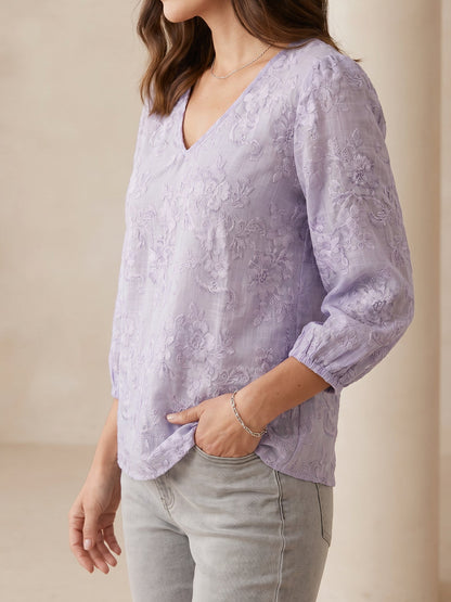 Printed Floral Puff 3/4 Sleeve V Neck Casual Blouse