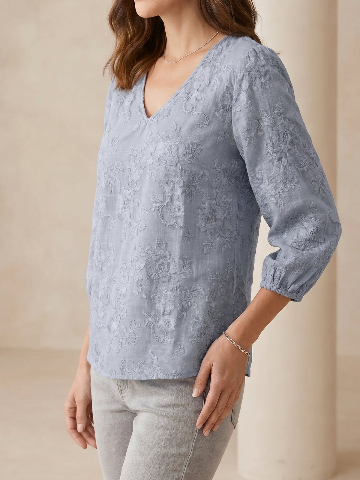 Printed Floral Puff 3/4 Sleeve V Neck Casual Blouse