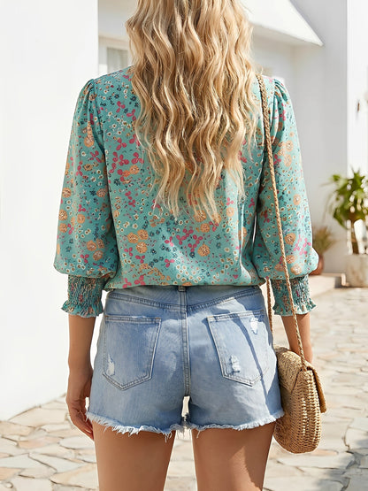 Casual Printed 3/4 Sleeve Round Neck Blouse