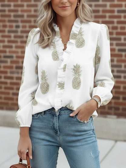 3/4 Puff Sleeve V Neck Ruffled Printed Blouse