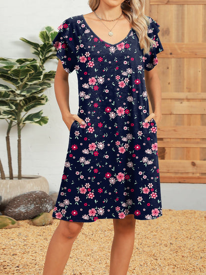 Printed V-Neck Ruffled Short-Sleeve Pockets Dress