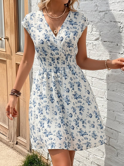Leopard Floral V-Neck Cap Sleeves A-Line Dress