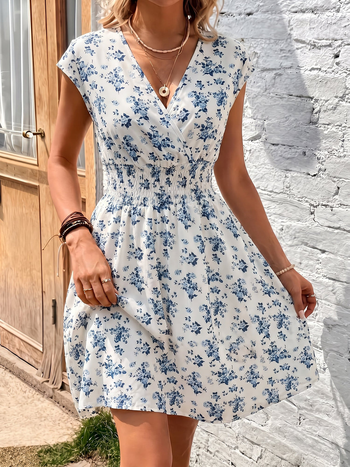 Leopard Floral V-Neck Cap Sleeves A-Line Dress