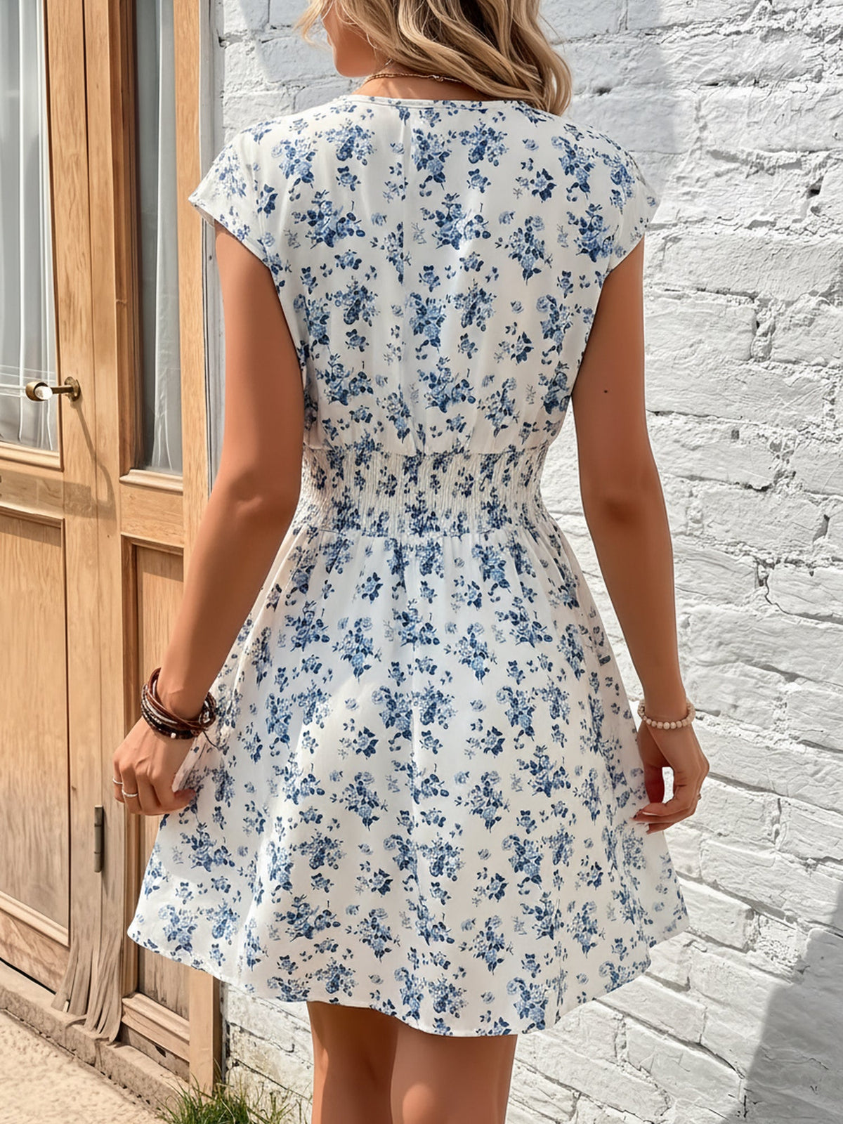 Leopard Floral V-Neck Cap Sleeves A-Line Dress