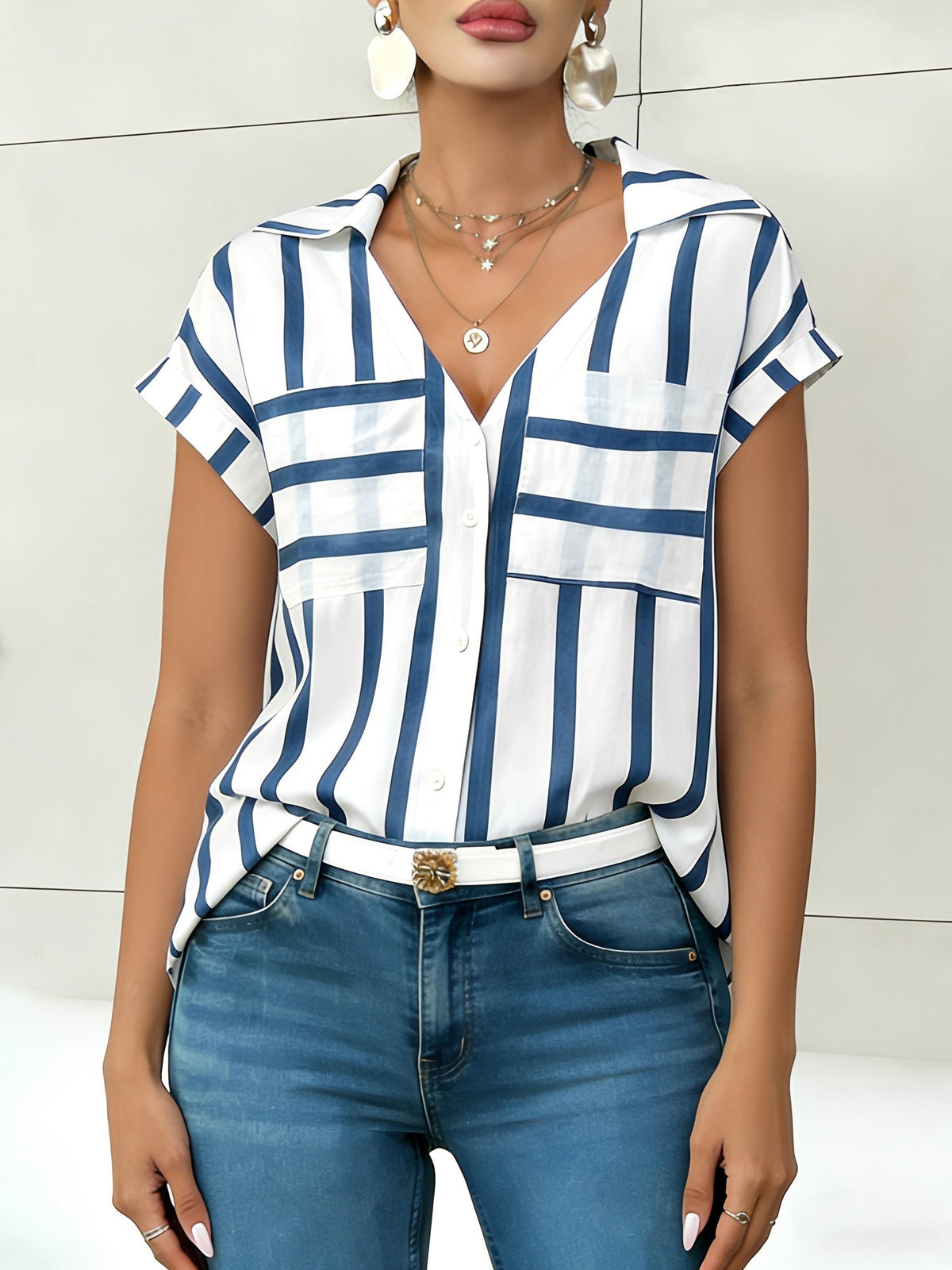 Striped Pocket Button Down Short Sleeves Blouse