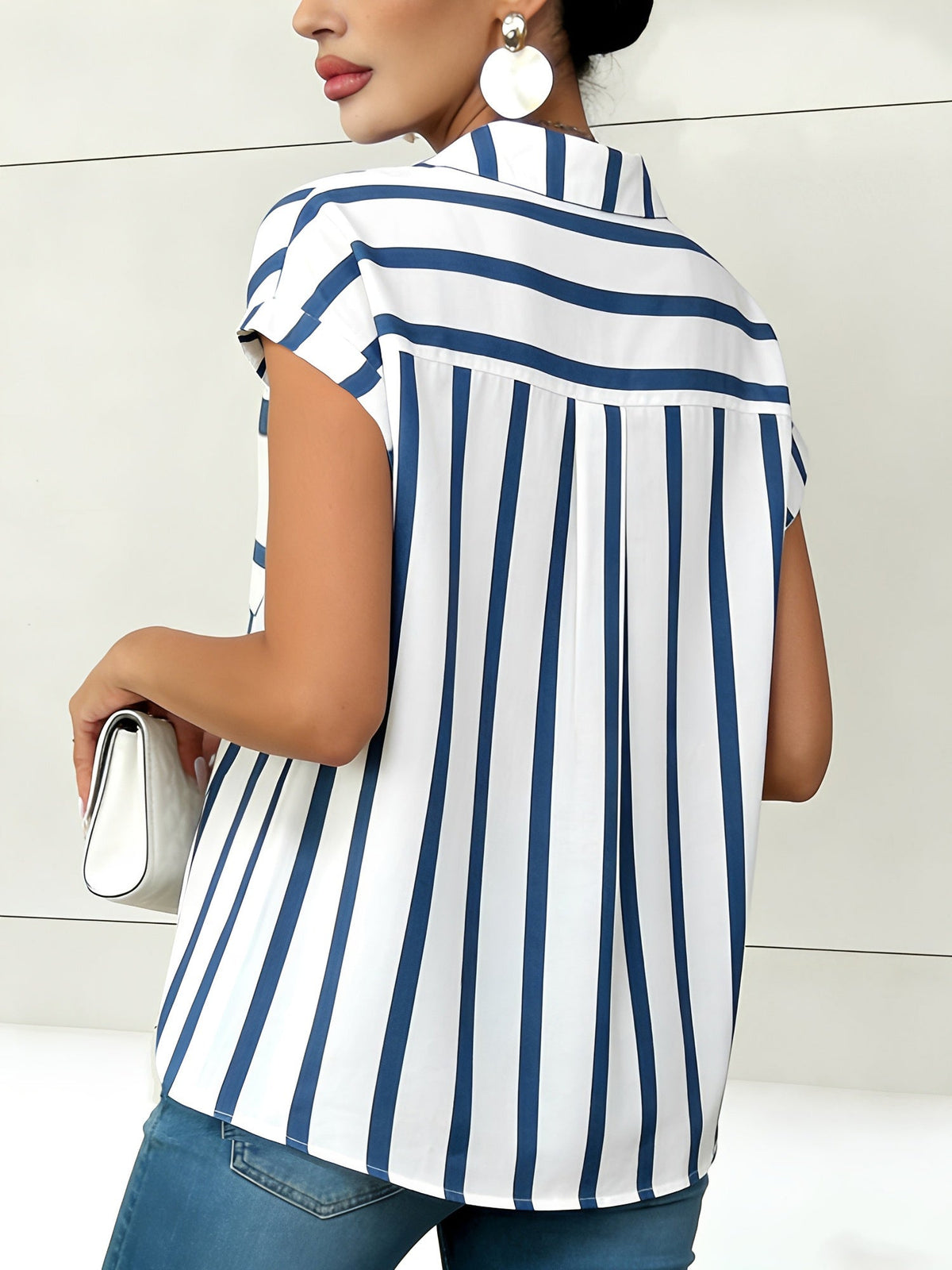 Striped Pocket Button Down Short Sleeves Blouse