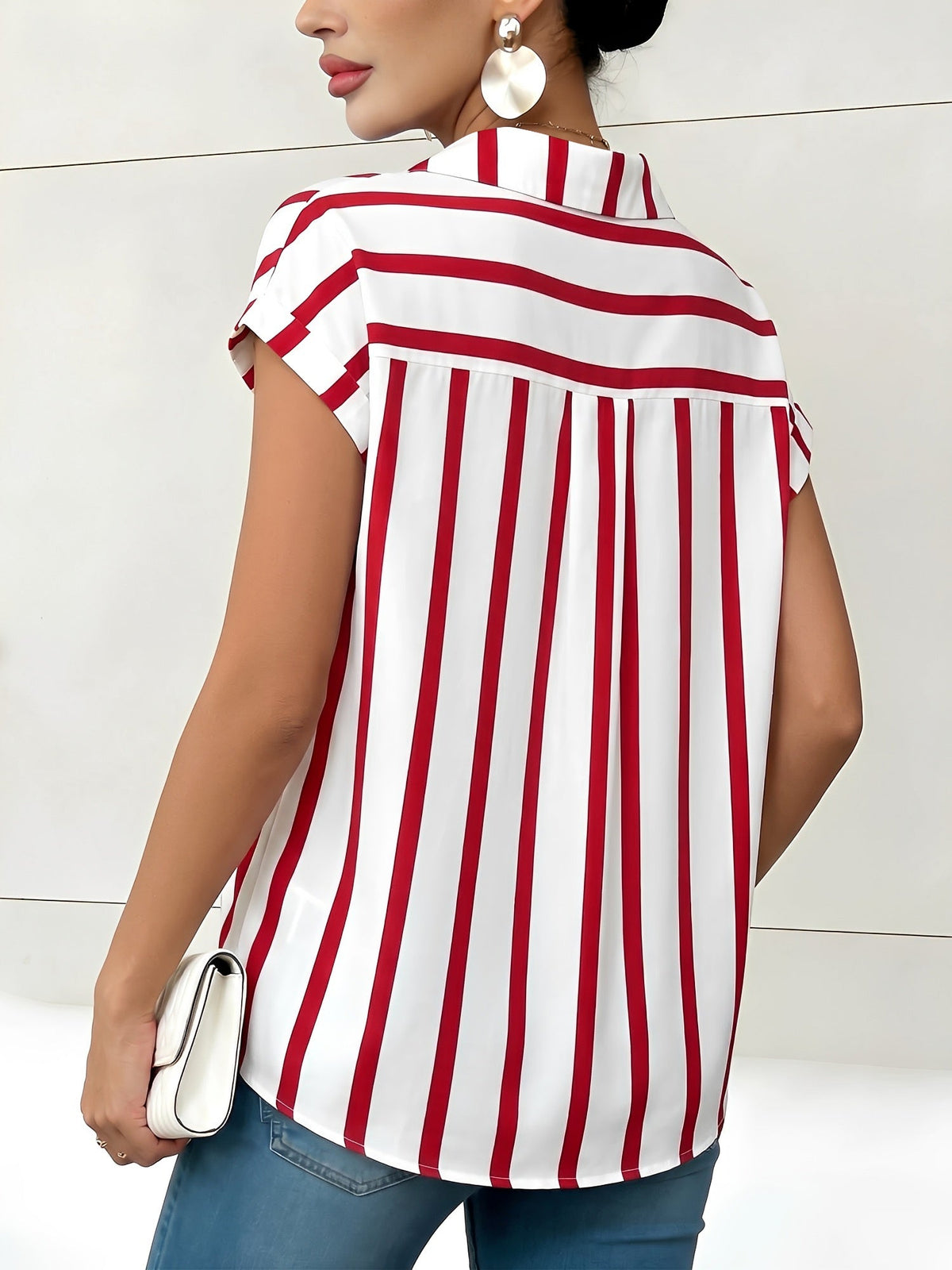 Striped Pocket Button Down Short Sleeves Blouse