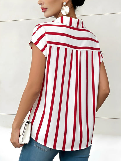 Striped Pocket Button Down Short Sleeves Blouse
