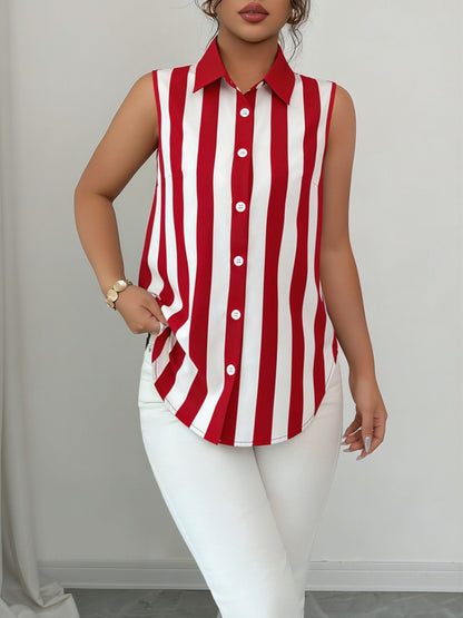 Casual Sleeveless Striped Colorblock Button Down Blouse