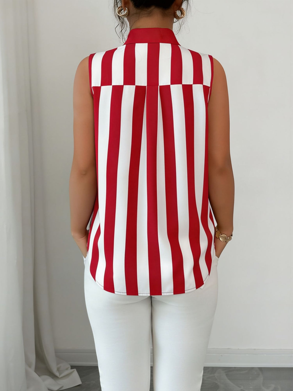 Casual Sleeveless Striped Colorblock Button Down Blouse